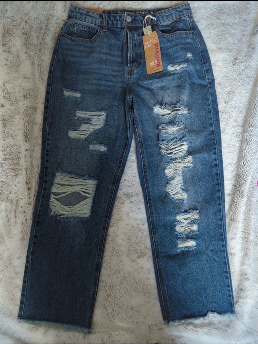 Vanilla Star Distressed Dark Blue High-Rise Jeans -90s Boyfriend